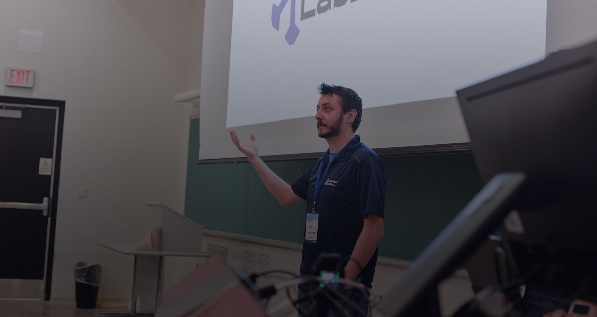 Person presenting in front of projector wall